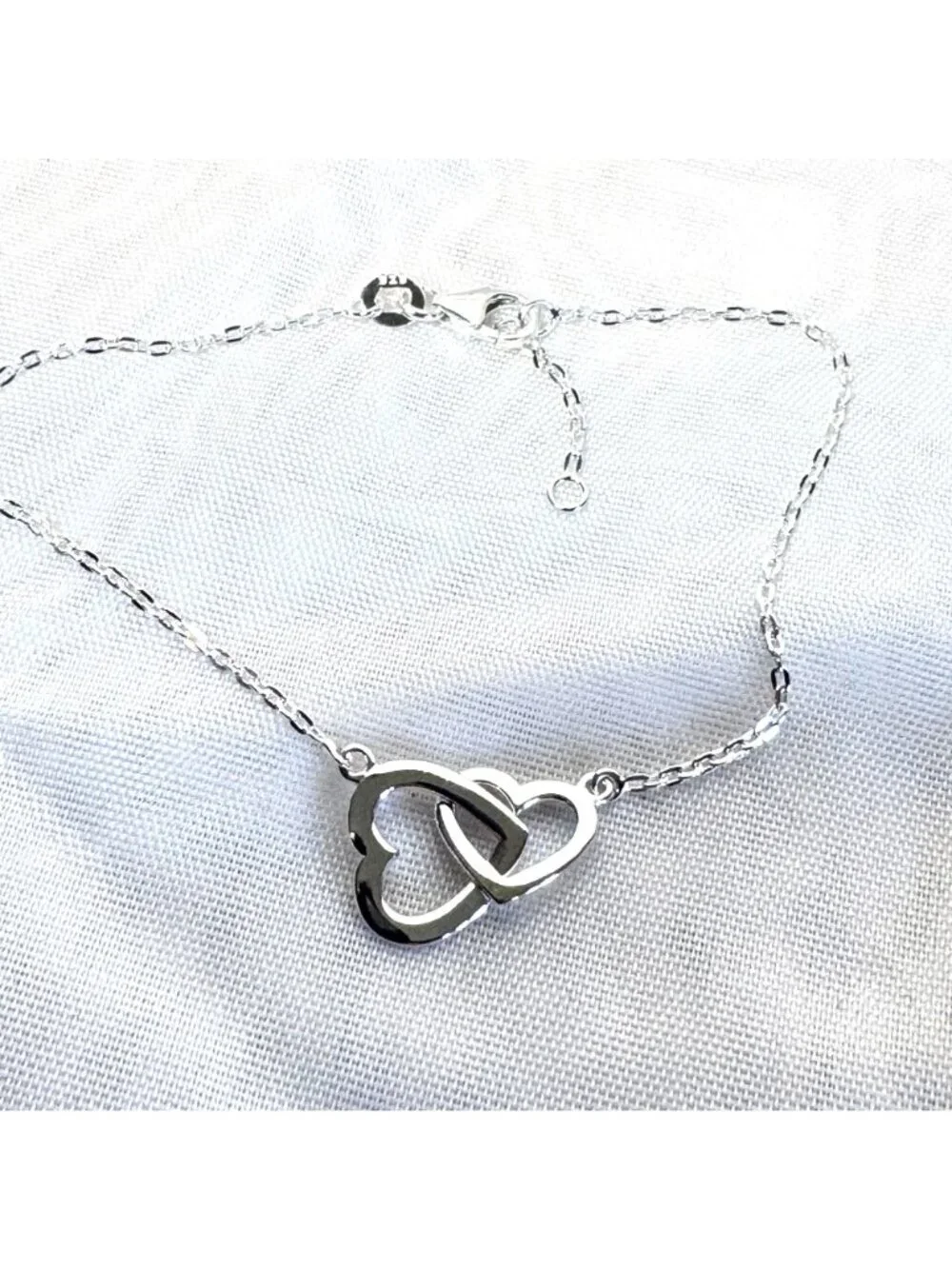 Double Interlocking Hearts Sterling Silver 925 Link Bracelet 7.5'' Length